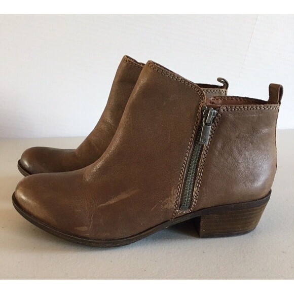 LUCKY BRAND Ankle Boots Brown Leather Basel Double Side Zip Booties Women Sz 9 - Picture 4 of 13